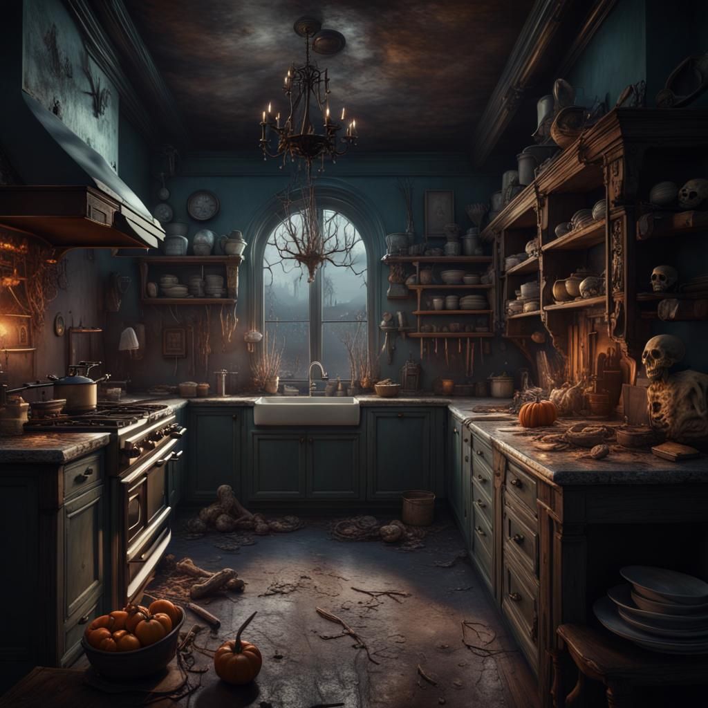 Creepy Skeleton in Ghostly Kitchen: Detailed Matte Painting