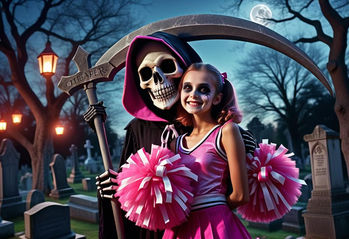 Gothic Portrait: Grim Reaper and Cheerleader in Cemetery