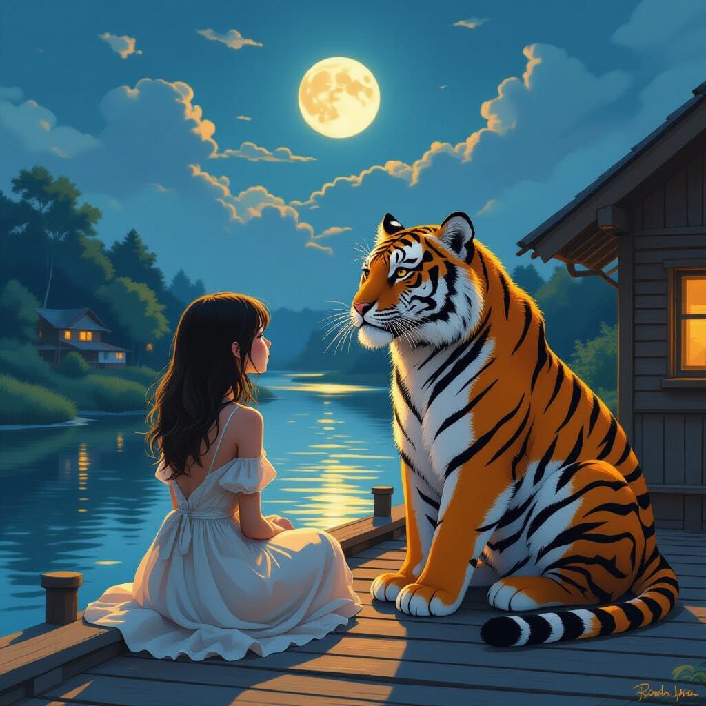 Girl and Tiger Moonlit Rooftop Scene