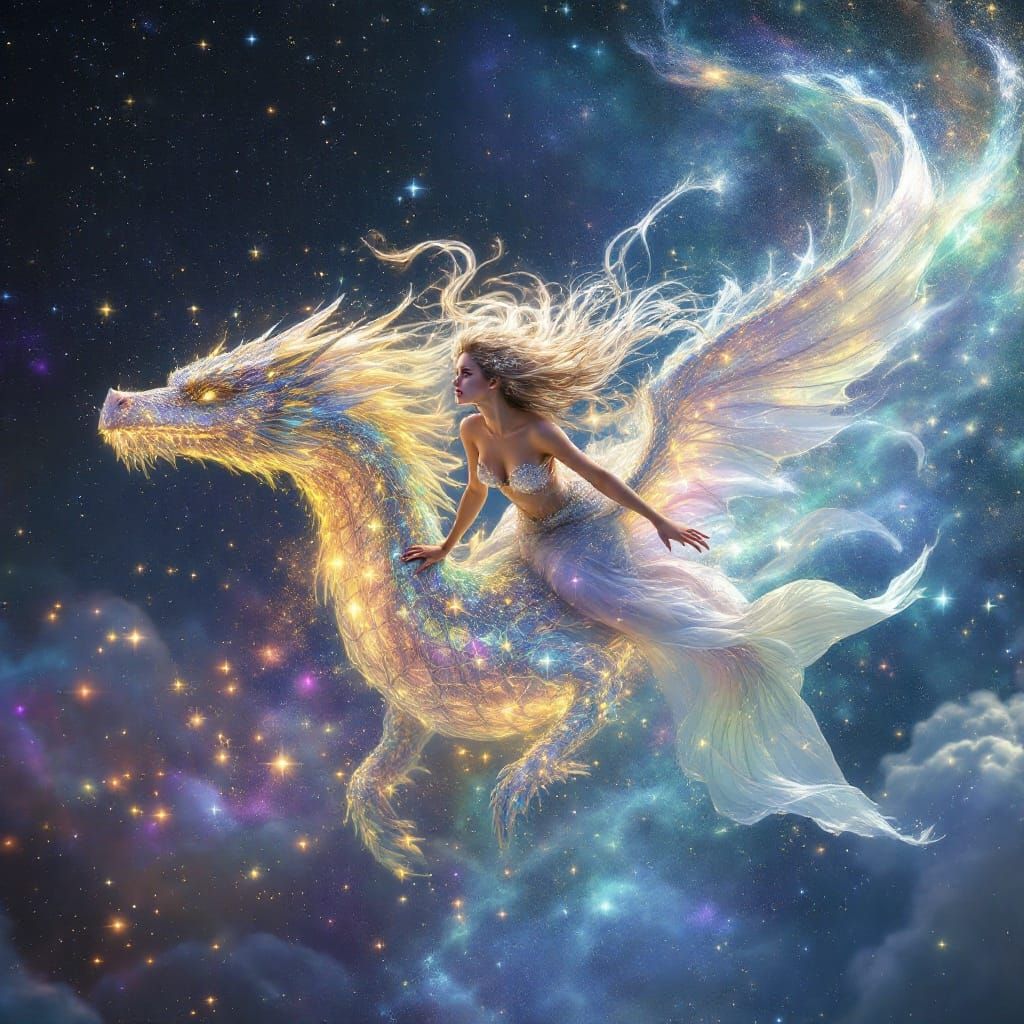 Celestial Mermaid Rides Radiant Dragon Through Cosmos