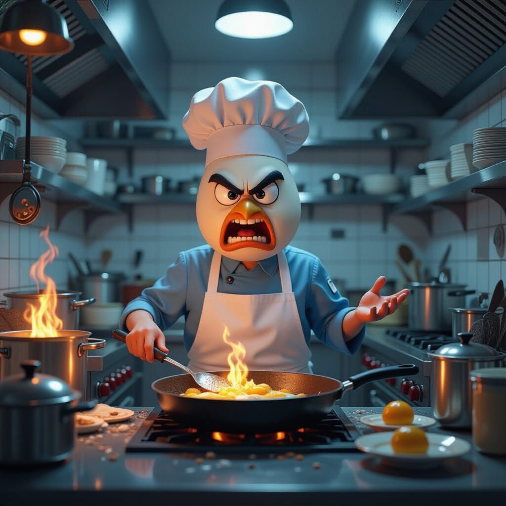 Angry Egg Cook in Chaotic Kitchen: Matte Painting