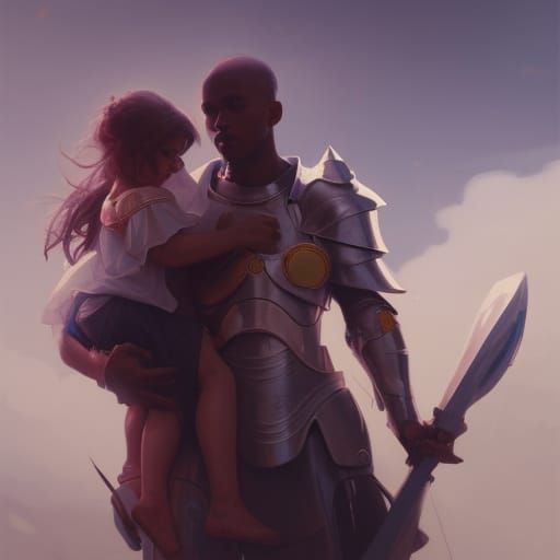 Knight Protecting Child: Hyperdetailed Digital Art