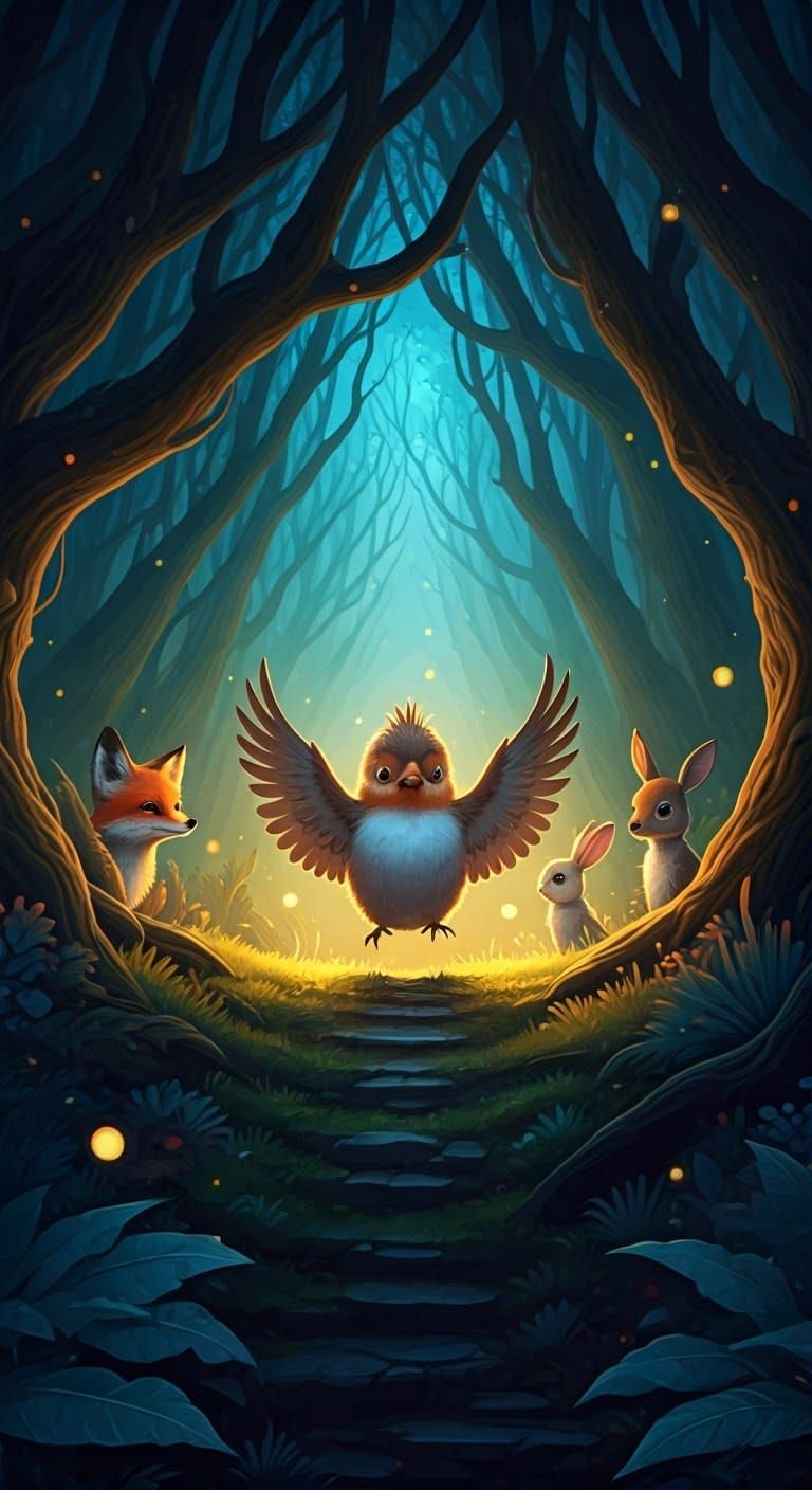 Determined Bird's Flight in Mystical Forest