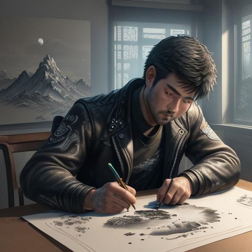 Detailed Asian Landscape in Parchment Ink Style