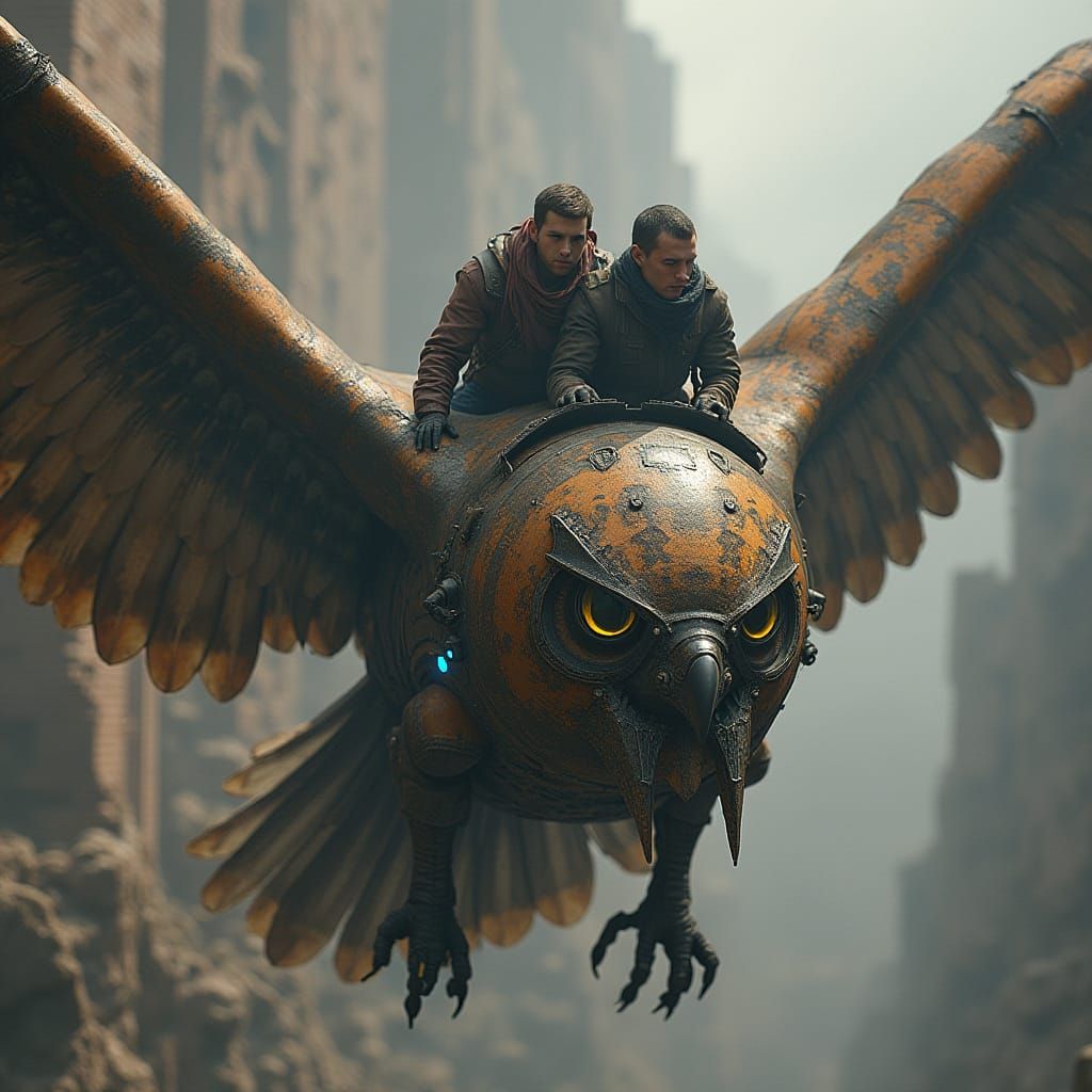 Armored Warriors on Mechanical Owl in Industrial Landscape