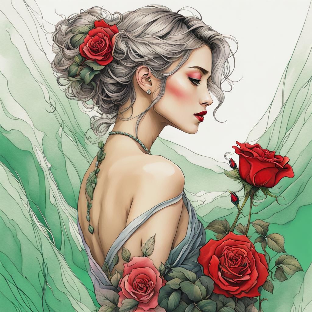 Korean Woman with Rose Tattoo, in Watercolour Style