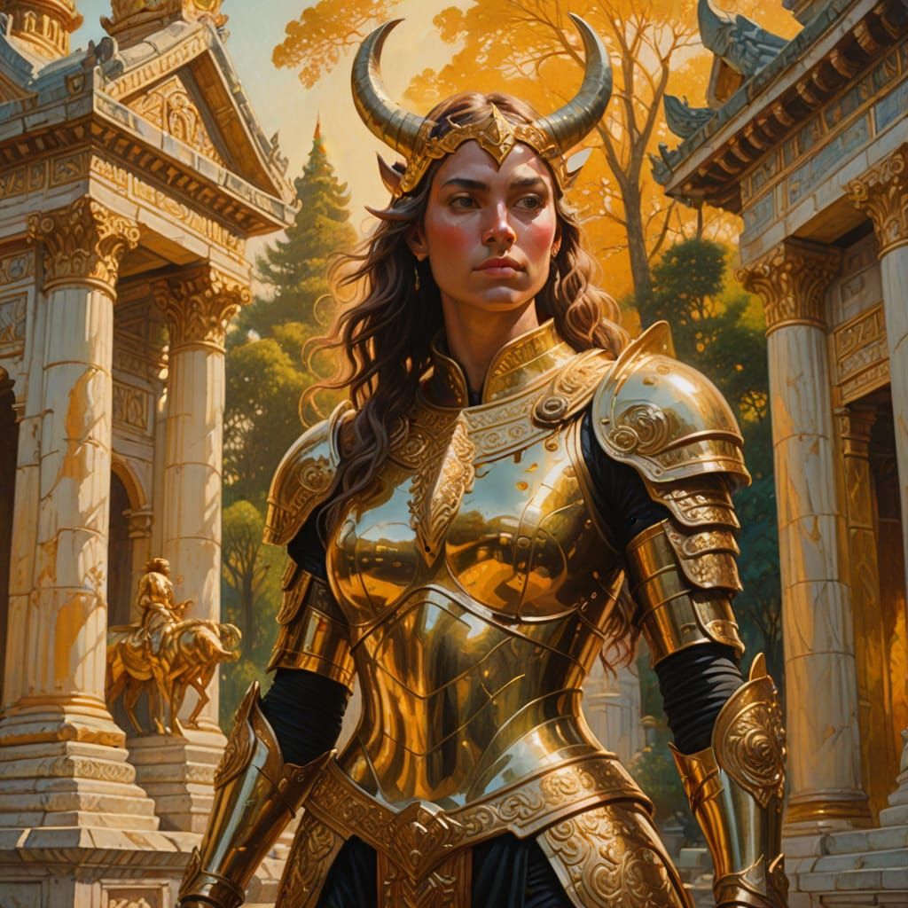 Golden Armored Centaur in Temple: Oil Painting