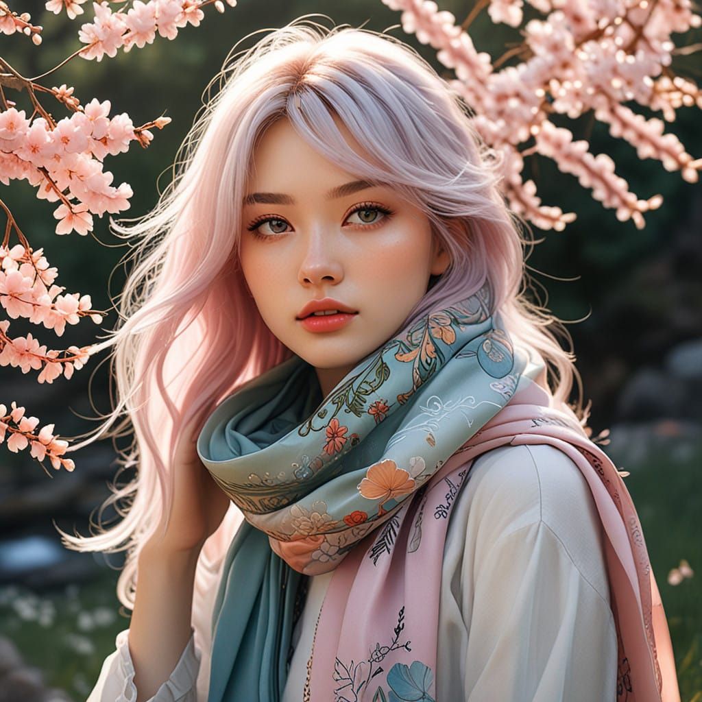 Whimsical Anime Portrait of Serene Young Lady in Pastel Mead...