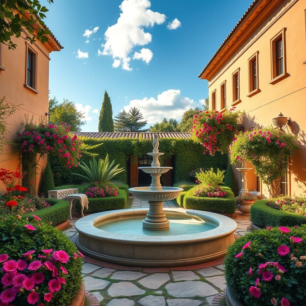 Sunlit Roman Courtyard with Marble Fountain