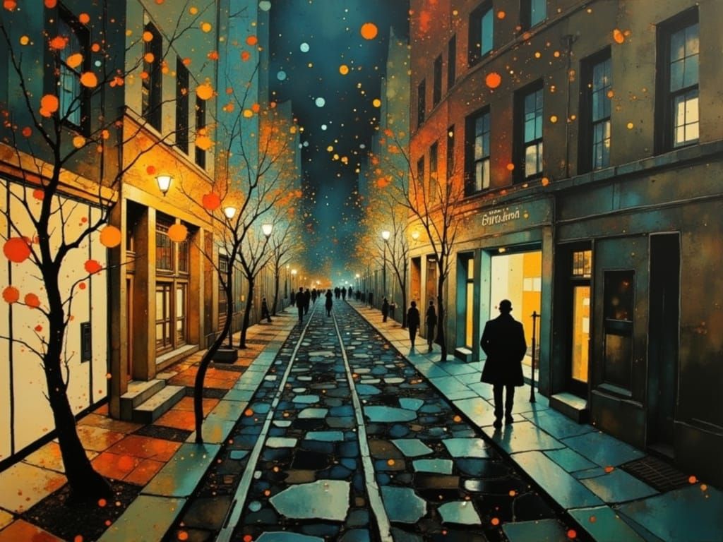 Stone Street Autumn Night: Surreal Oil Painting
