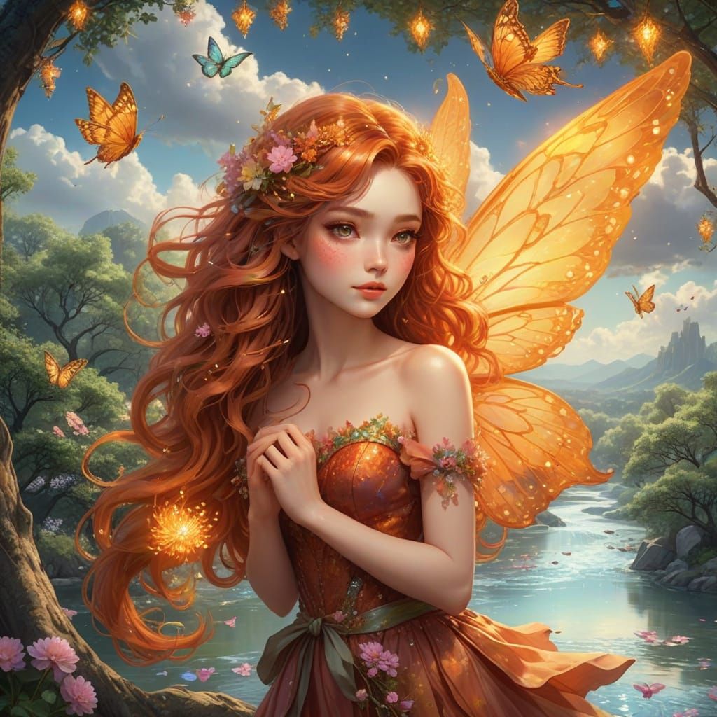 Whimsical Fire Fairy in Fantasy Landscape