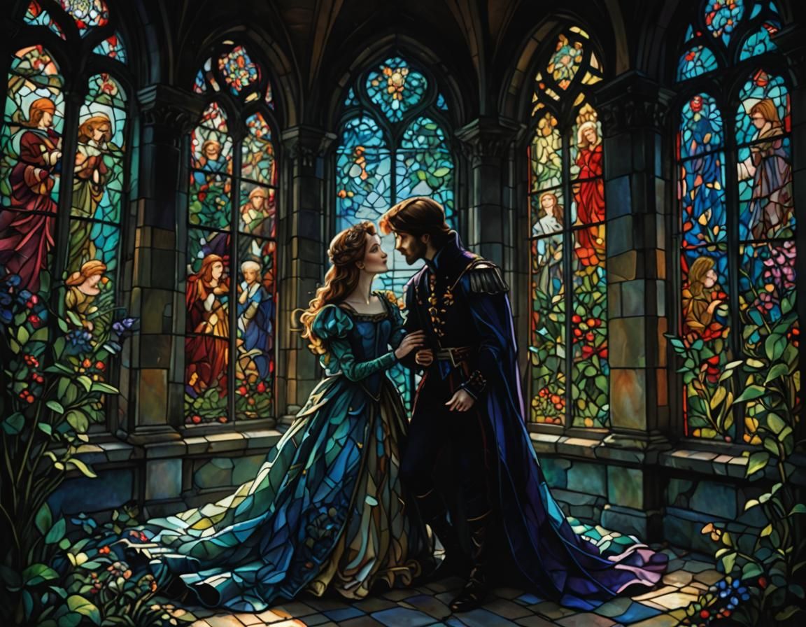 Romantic Stained Glass Prince and Princess Portrait