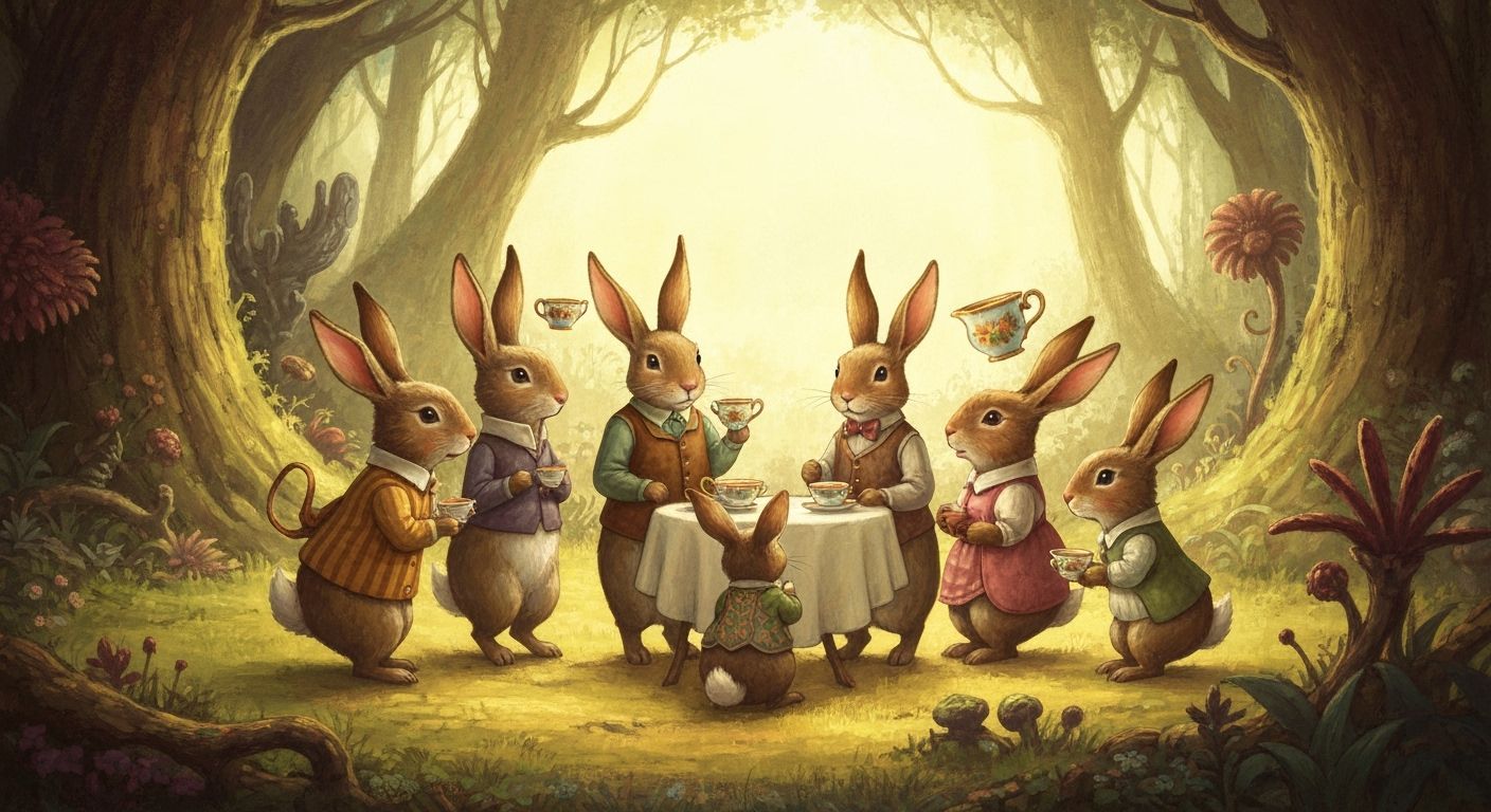 Whimsical Rabbits Tea Party in Victorian Attire