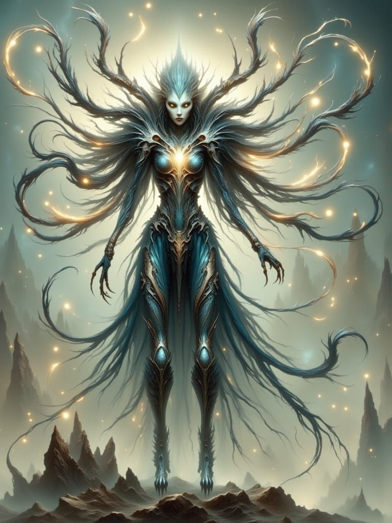 A Lonely, Ink-Drawn Wispy Being in a Somber Environment