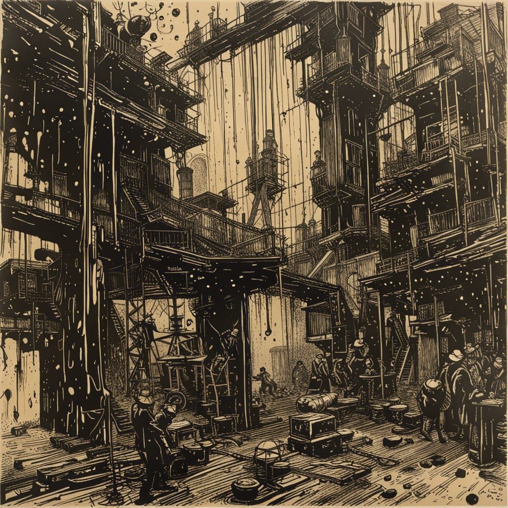 Acid Rain Cityscape in Woodcut Style