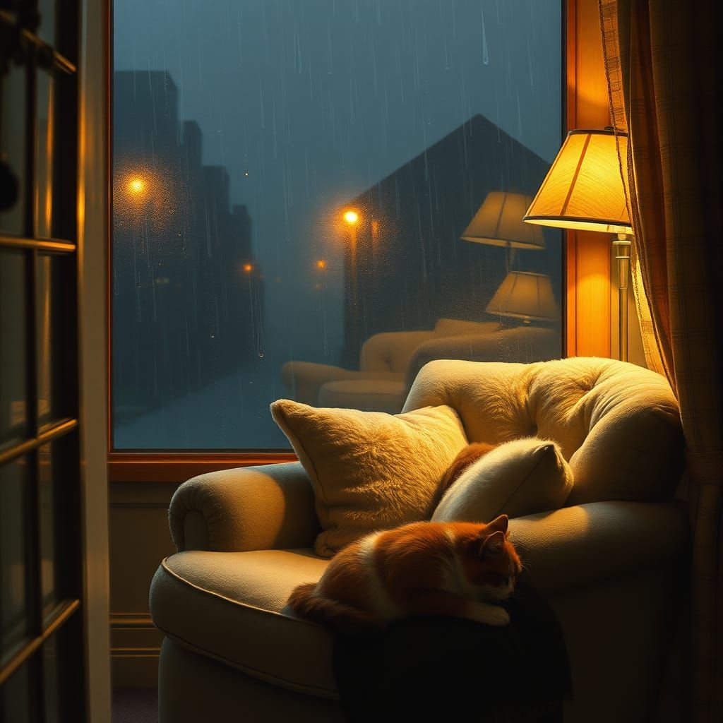 A rainy night viewed through a window, with a cozy nook and ...