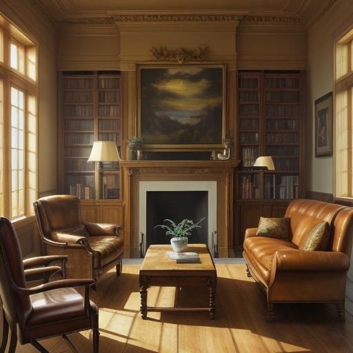 Impressionist Library with Golden Light, Oil Painting