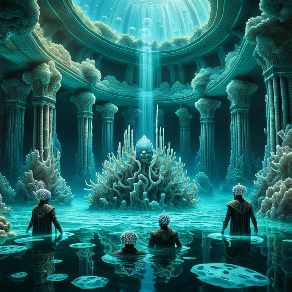 Underwater Temple Scene in Bioluminescent Art Style