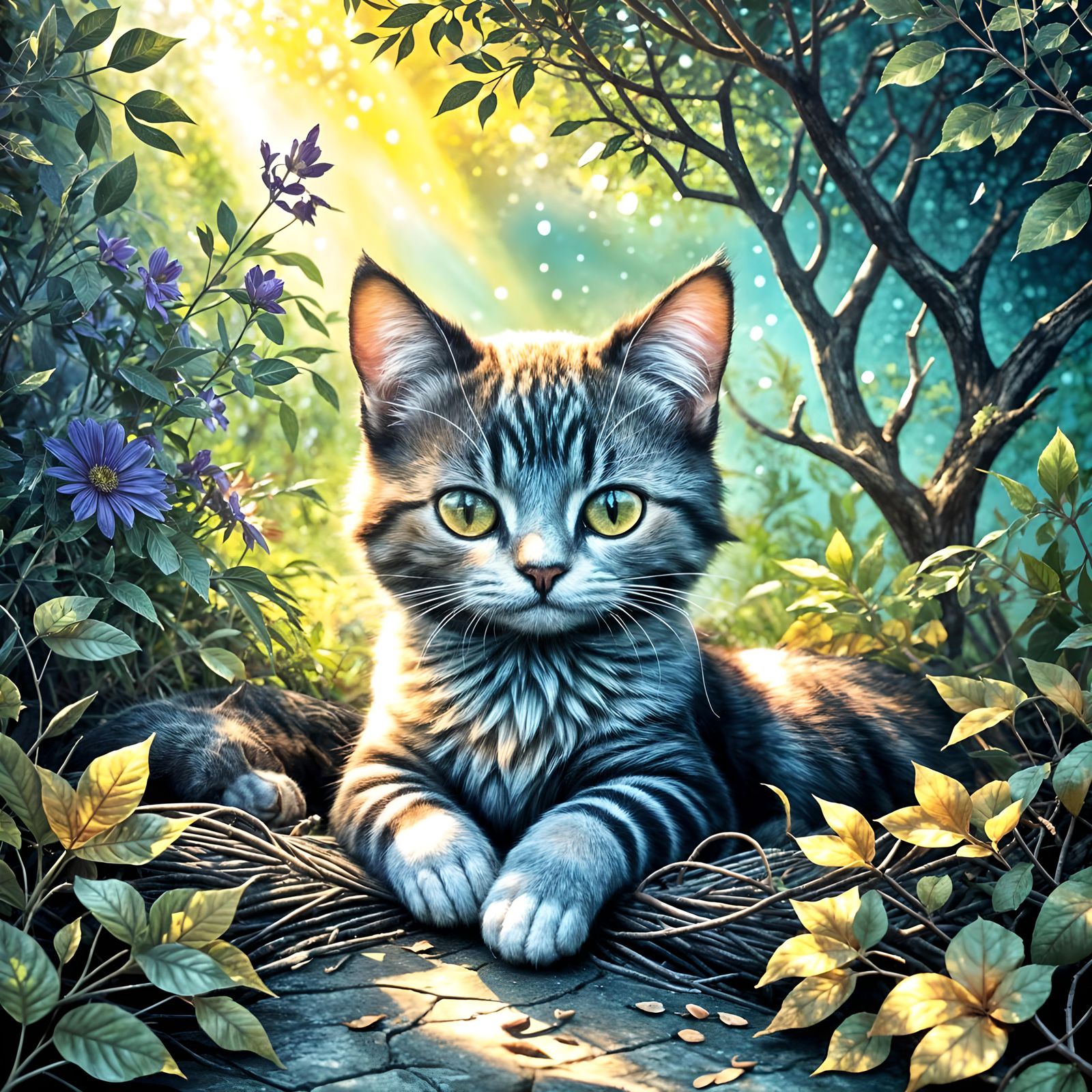 Calico Cat Sleeps Under Shady Tree