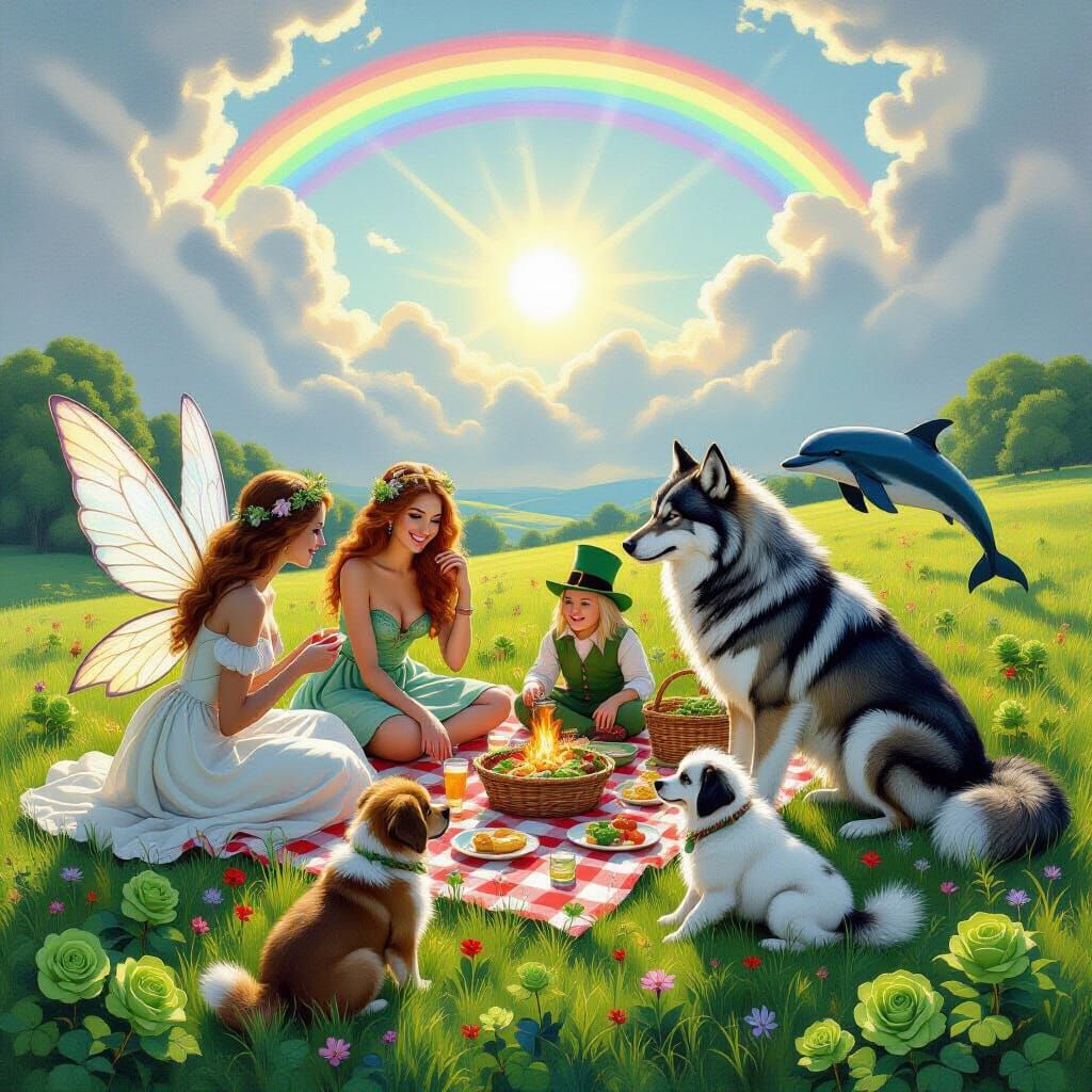 Whimsical Fantasy Picnic with Mythical Creatures in Charcoal