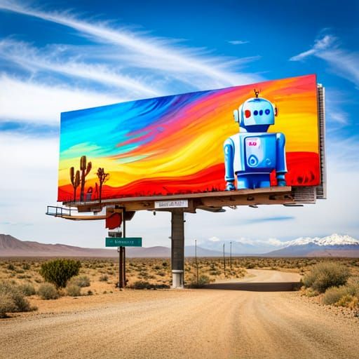 Sad Robot Revolution: Graffiti Style Billboard in Desert