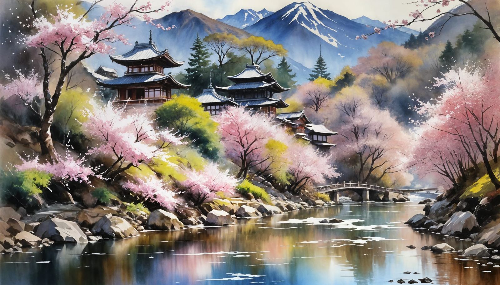 Sakura Blossoms in Japanese Mountain Landscape