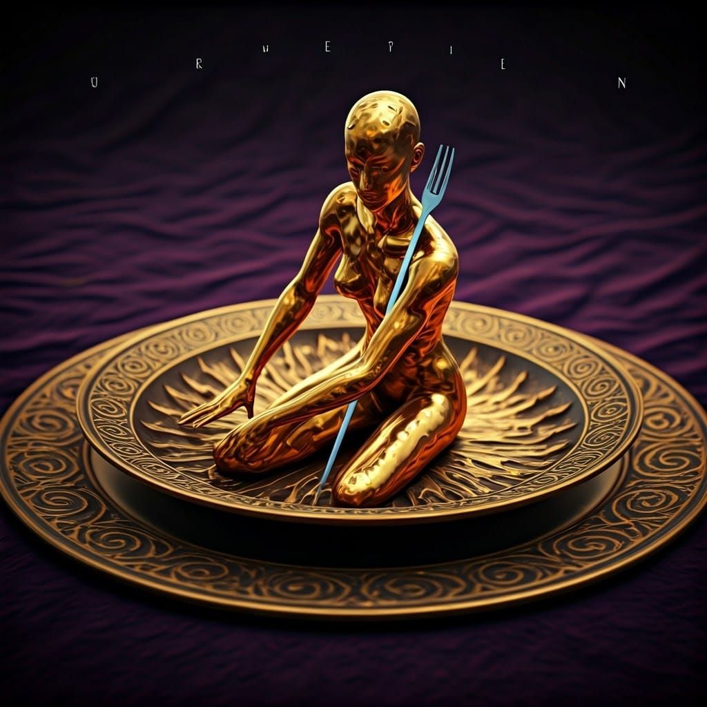 Golden Humanoid Figure on Plate, Fantasy Concept Art