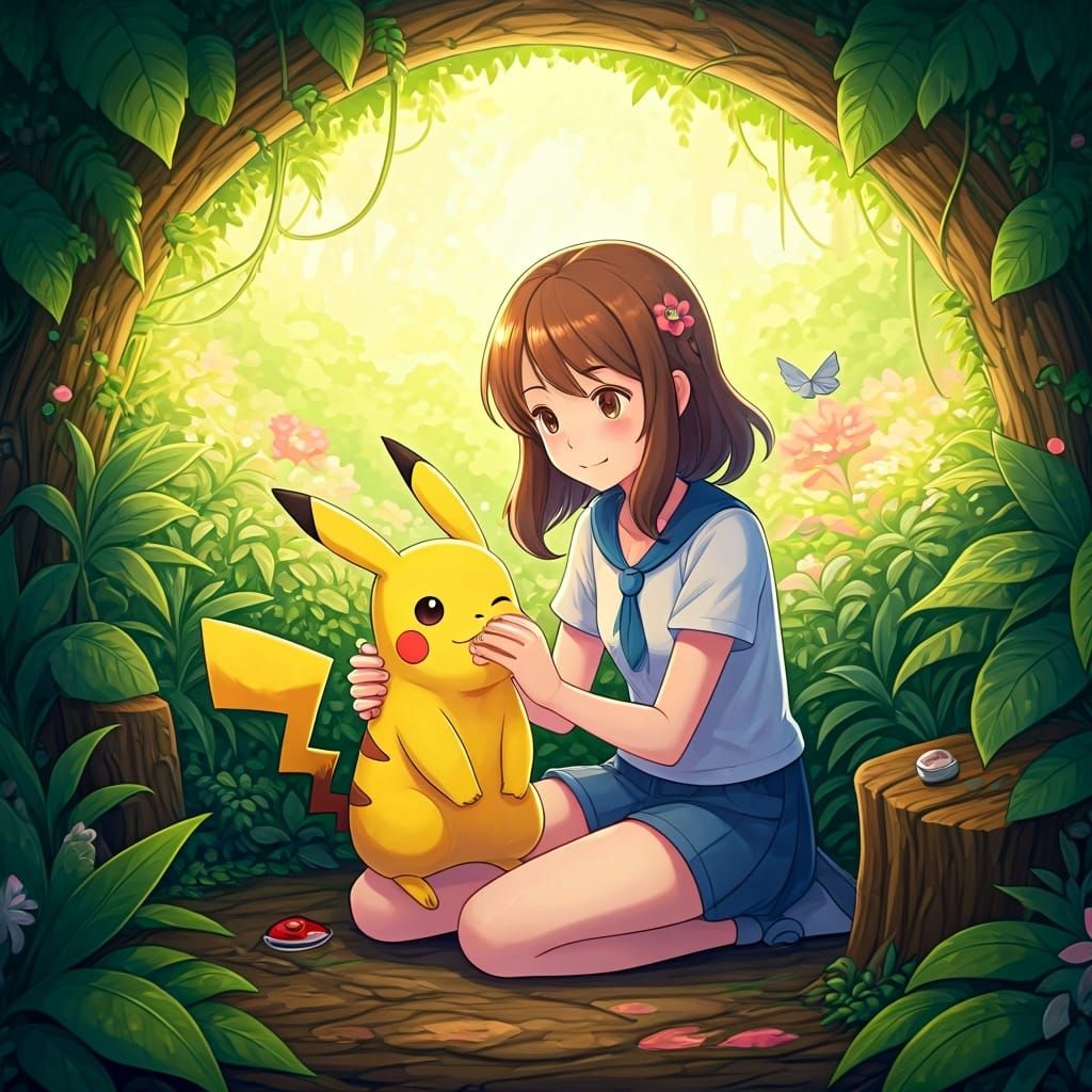 Girl Heals Pokemon with Pikachu in Anime Style