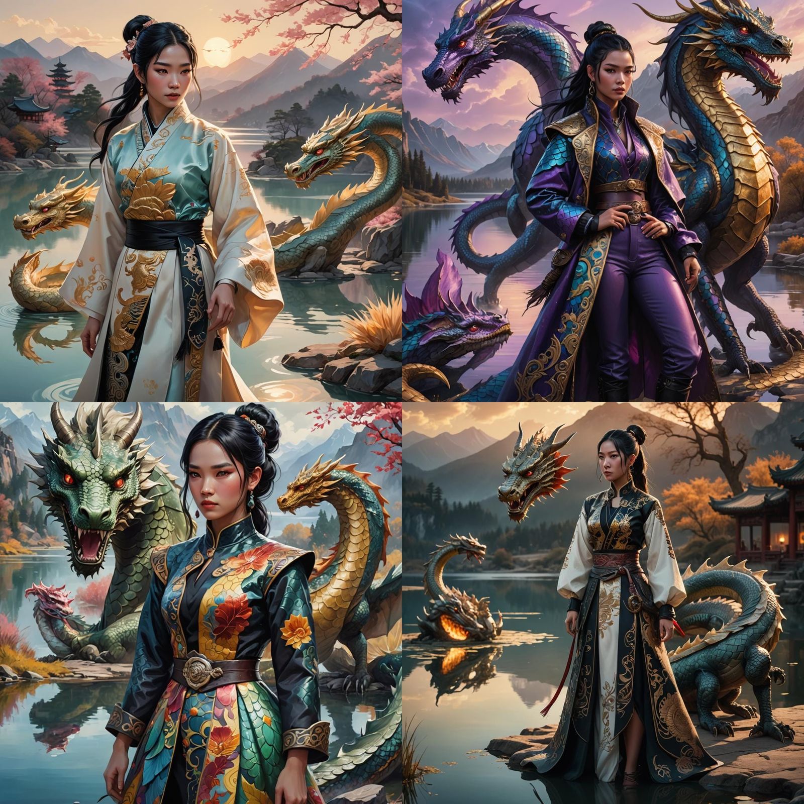 Girl in China Dress with Dragon by Lake