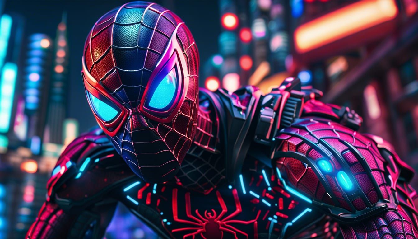 Cyborg Spiderman in Neon City, RTX CGI Render