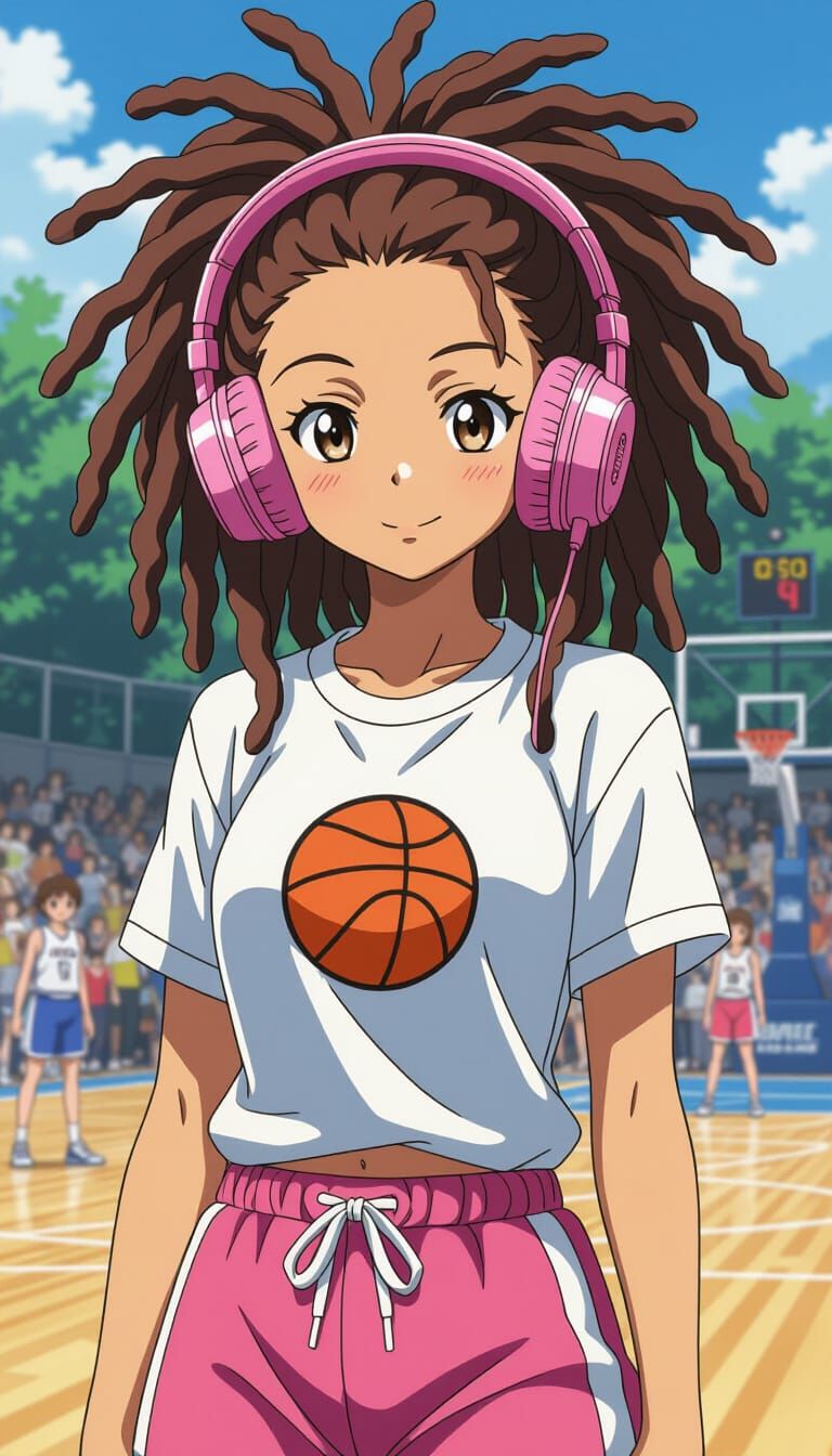 Anime Squirrel with Pink Headphones at Basketball Game