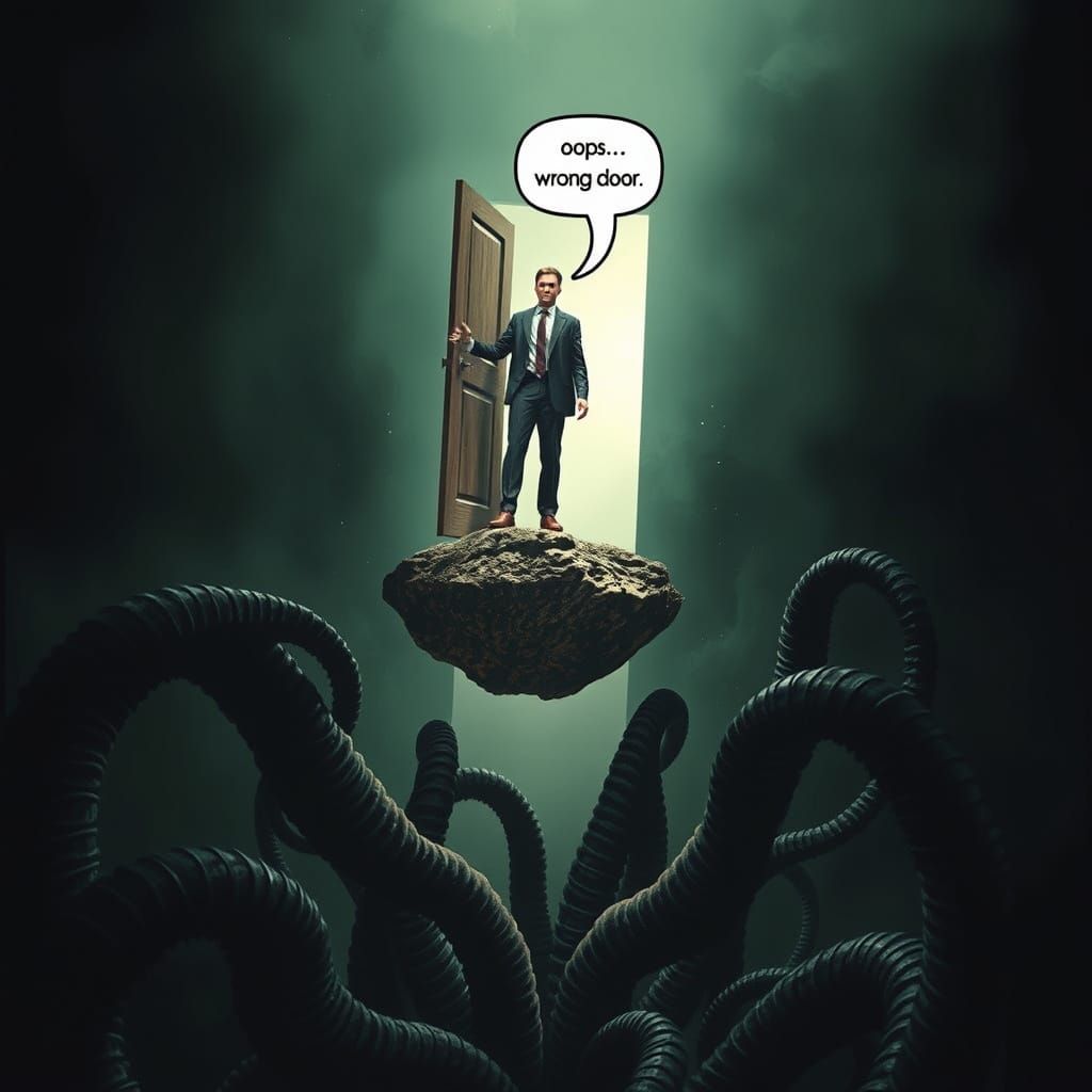 Floating Office Man Chooses the Wrong Door