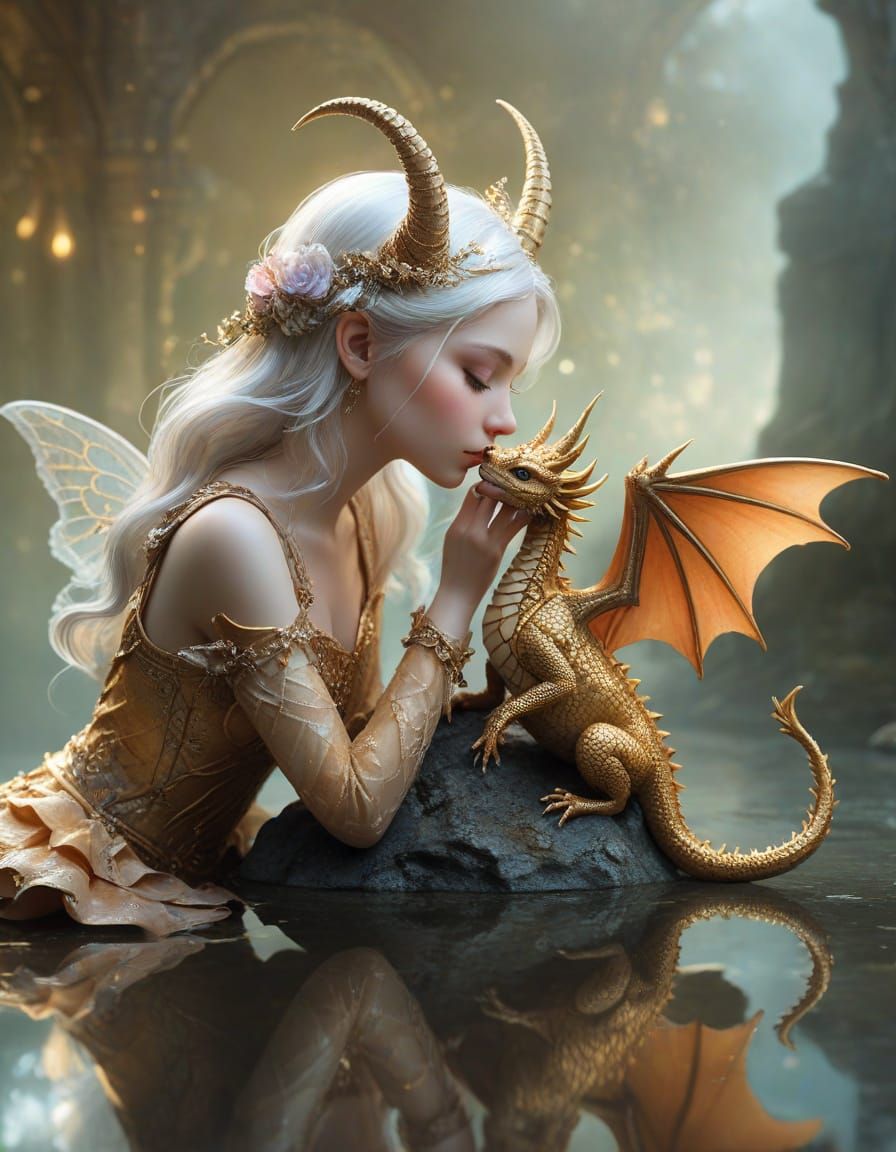 A ravishing female fairy, 3/4 profile, with long flowing light crimson platinum hair, pale crimson skin, sparkling brill...