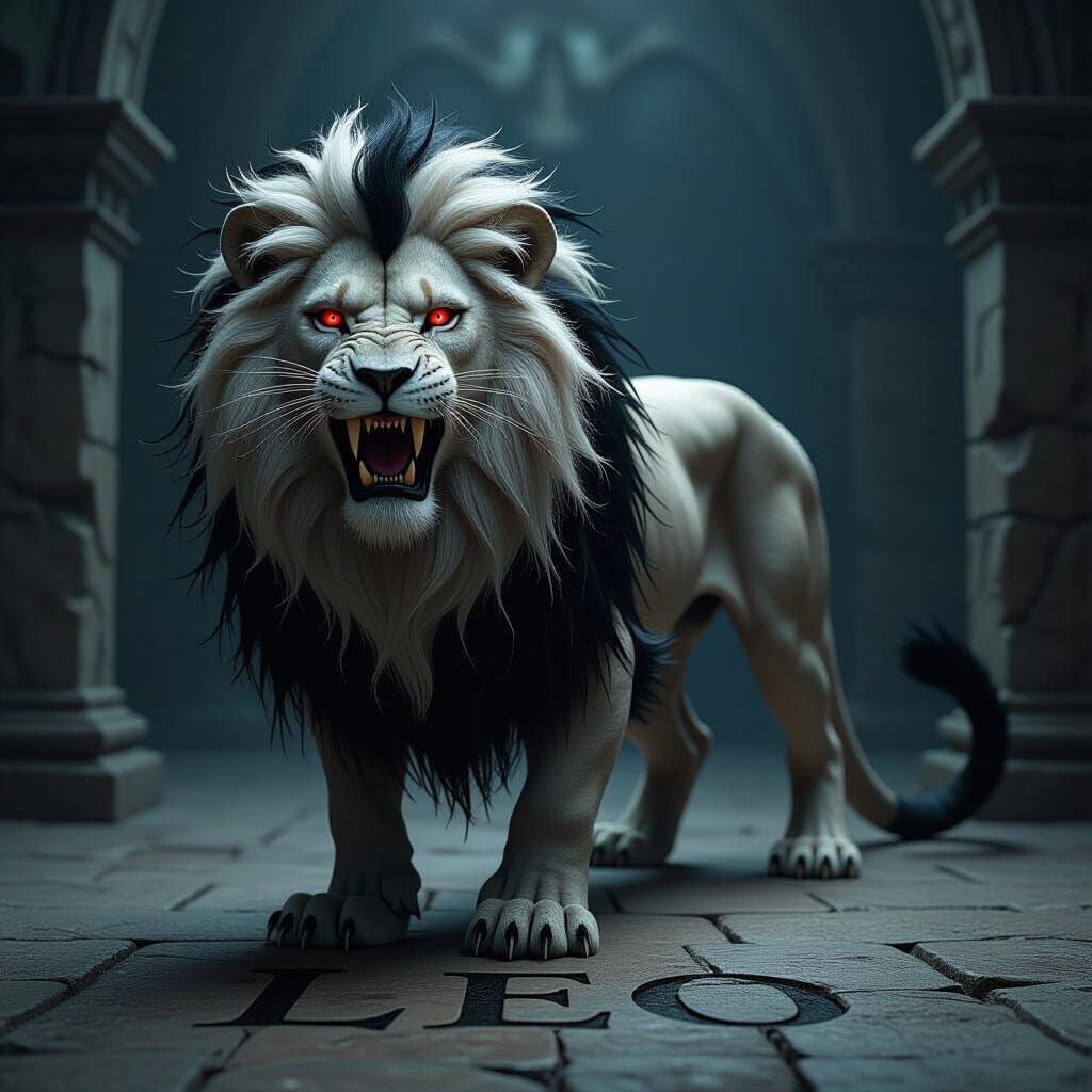 Gothic Pale Lion with Snake Tail and Saber Fangs