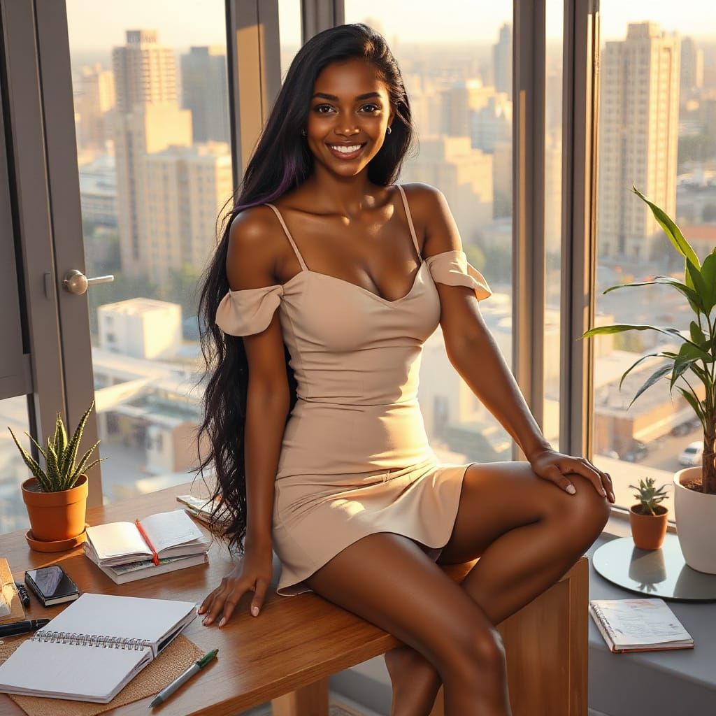 Woman Perched on Desk Overlooking Cityscape