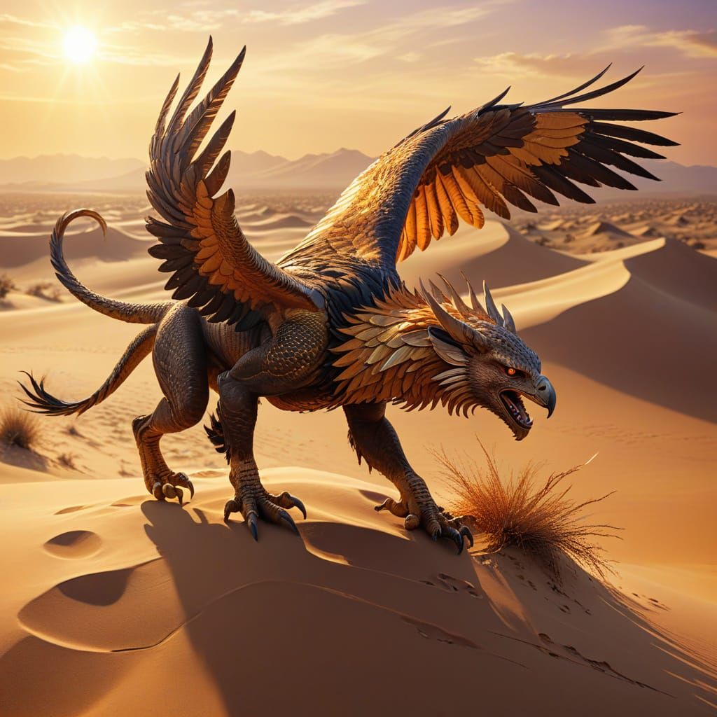 Caracal Eagle Chimera Soaring Over Desert Dunes