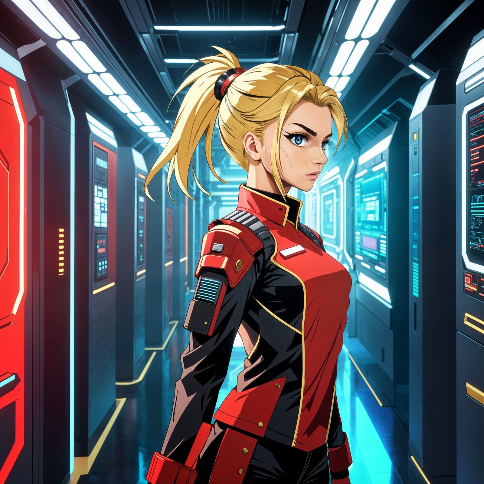 Tough Blonde Starship Security Officer in Anime Style