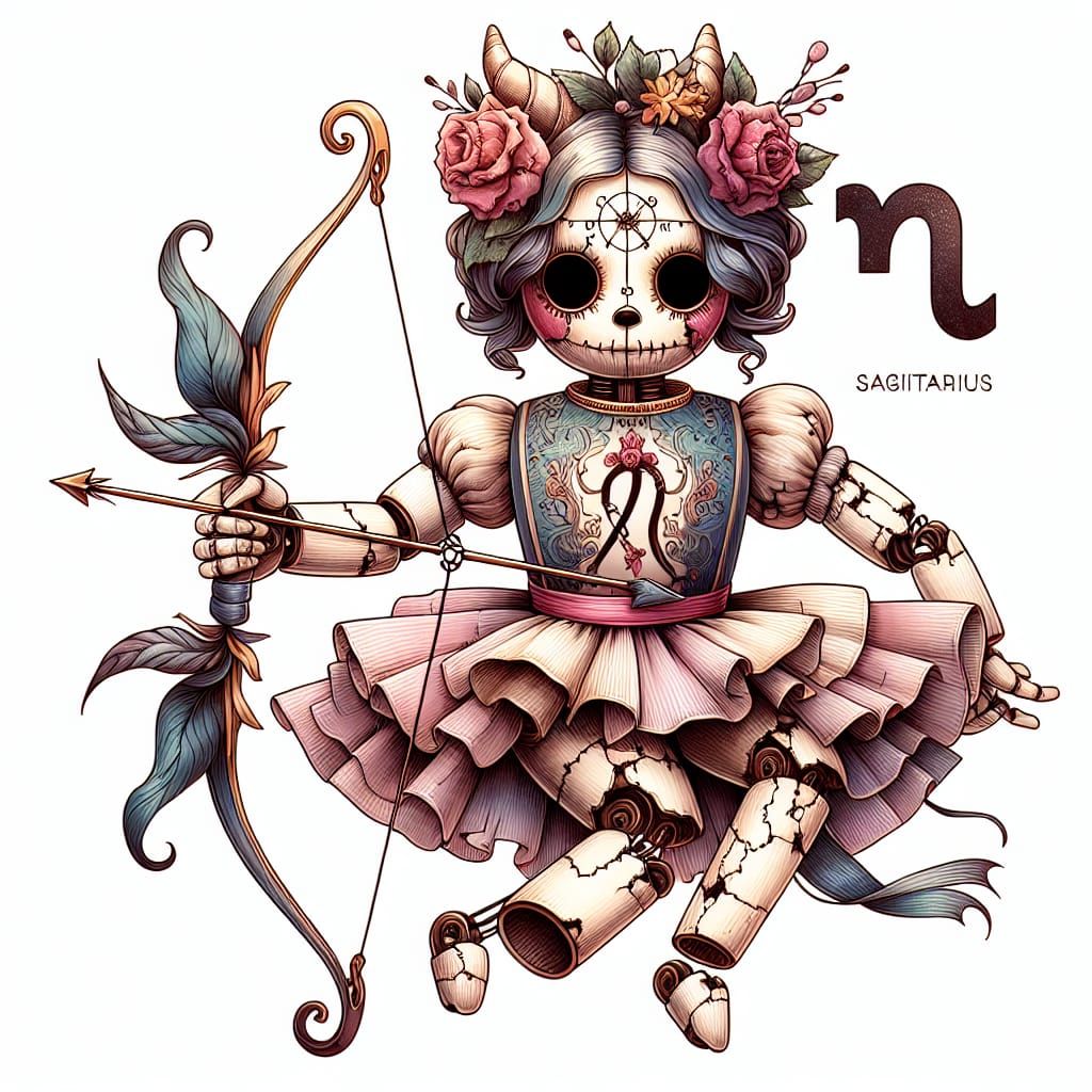 Sagittarius Porcelain Doll Tattoo Sketch in Dark Line Art