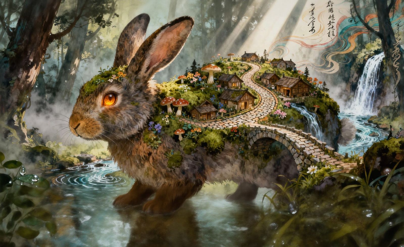Giant Mossy Rabbit Carrying Fantasy Village, Intricate Digit...