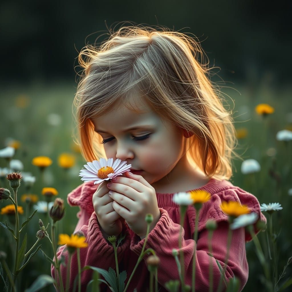 Little Girl Discovers a Meadow Bloom in Hyperrealistic Detai...