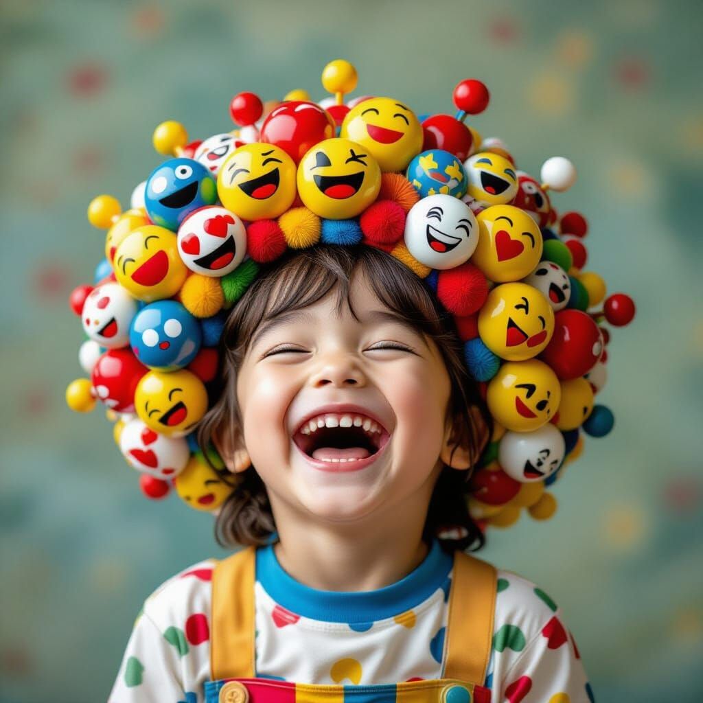 Child in Emoji Clown Hat Laughing, Whimsical Pop Art