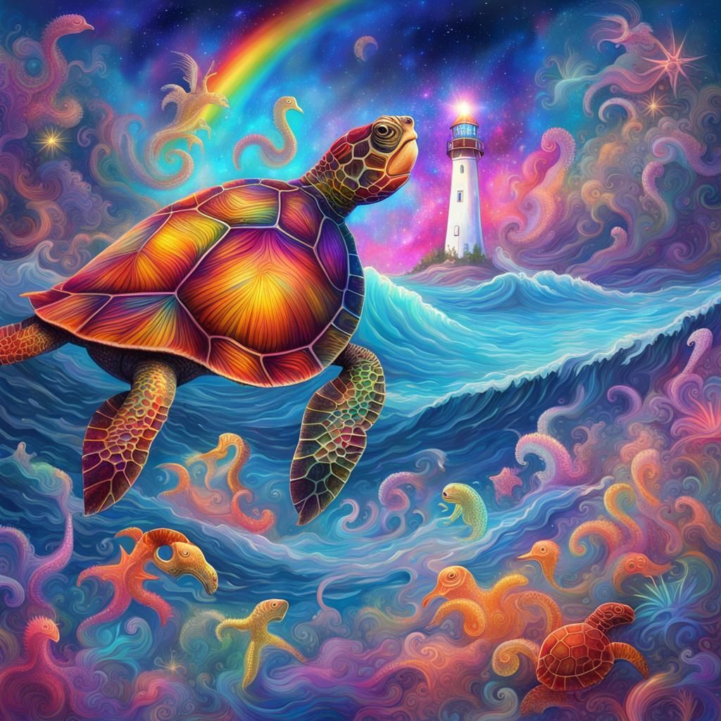 Turtle Lighthouse Surfing Seahorse Wave in Astral Style