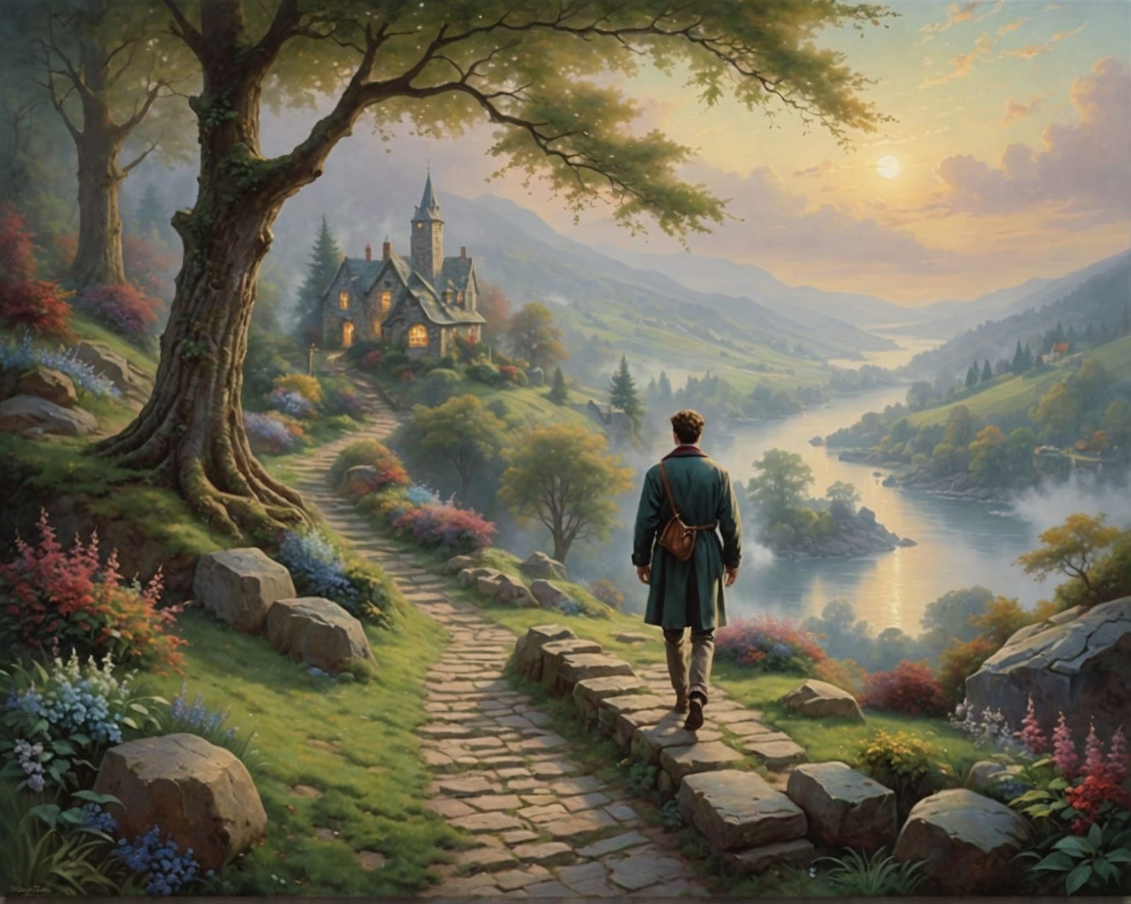 Ethereal Young Man on Stone Path as Oil Painting
