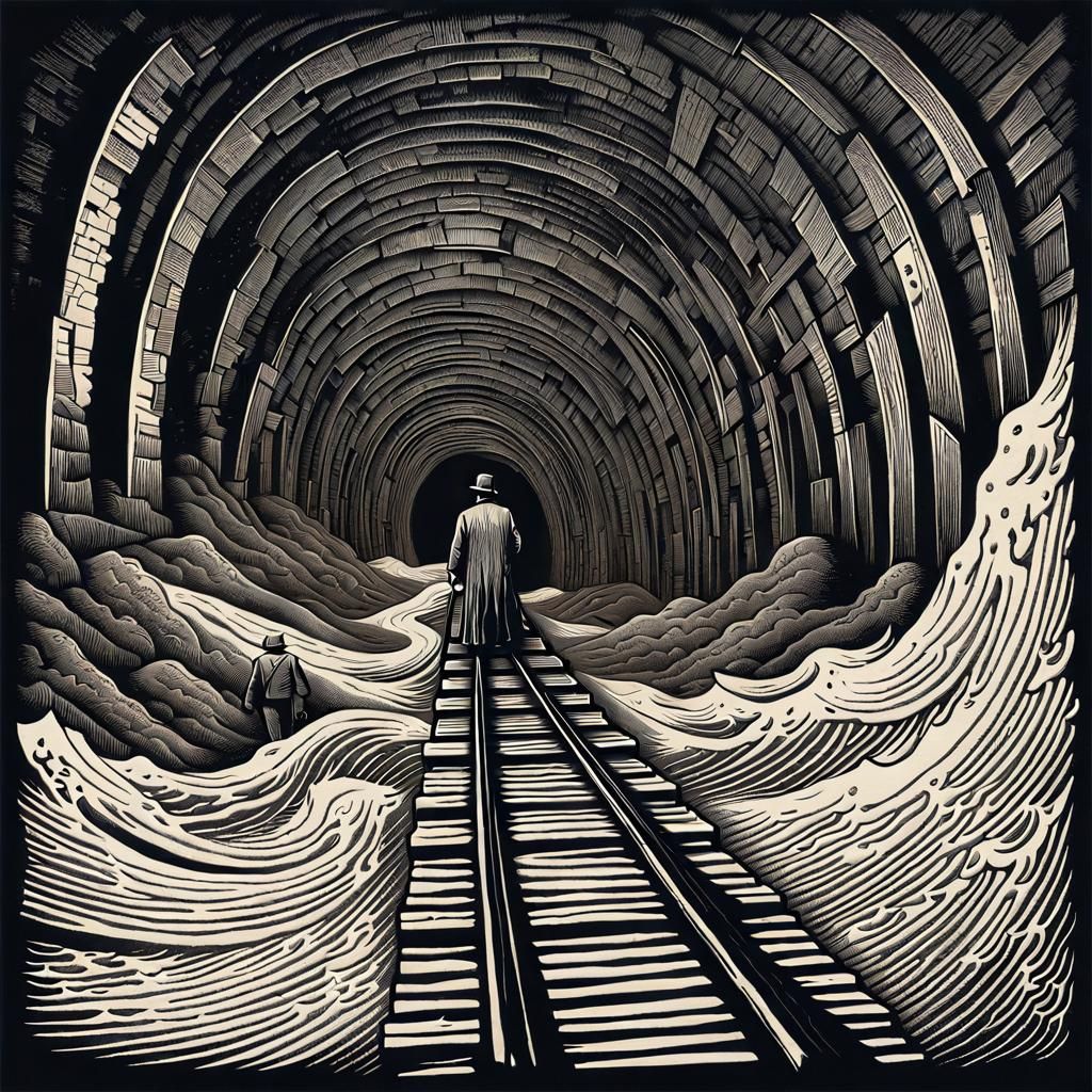 Disturbing Woodcut Print: Lincoln Enters the Tunnel