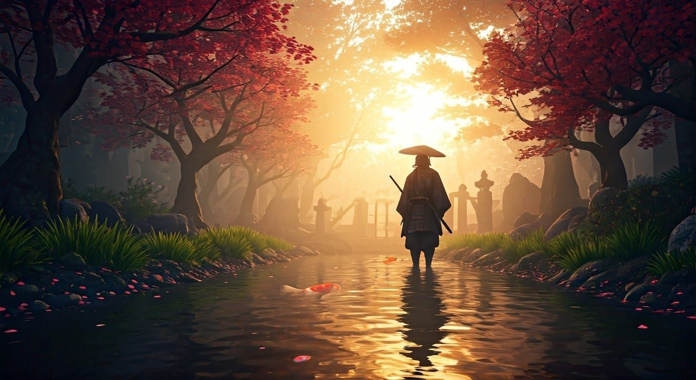 Samurai in Misty Forest with Koi Fish