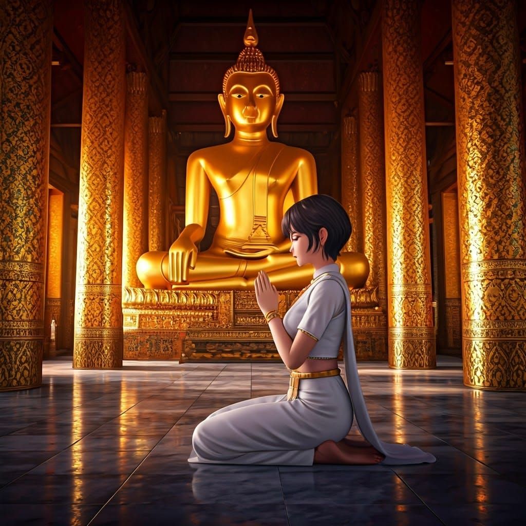Anime Woman Praying in Thailand Temple