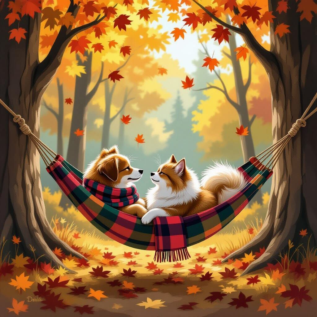 Dog and Cat Cuddle in Hammock in Whimsical Style