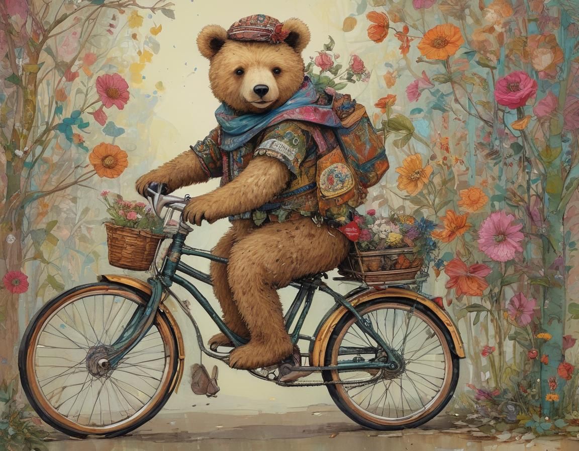 Teddy Bear on Bike, Vibrant Art Brut Illustration