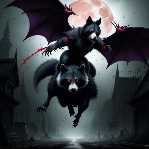 Flying rabid poison bloodstained racoon blood bat, riding burning hot fiery black bear, green eyes, mist fog rain thunde...