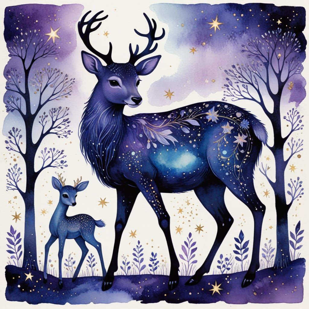 Mystical Deer in Starry Midnight Watercolor Illustration